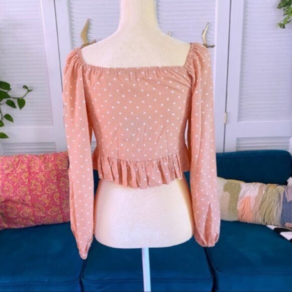 Cloud Ten Steph Long Sleeve Milkmaid Tie Front Crop Top Polka Dot Salmon Medium - Picture 9 of 12